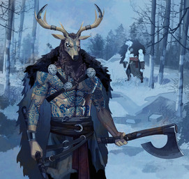 abs anthro antlers axe clothed clothing cloud duo fingers hair holding_axe holding_object horn male muscular muscular_anthro outside pecs plant sky snow tattoo tree white_body lljh deer mammal 2023 hi_res