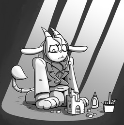 anthro bodily_fluids bottomwear clothing facial_hair fangs female fur glue glue_bottle goatee hooves horn kneeling mouth_closed name_tag paws sad sitting skirt solo stick stinger stinger_tail suit suit_jacket tail tears teary_eyes teeth travis_fowler dungeon_flippers iranian_mythology middle_eastern_mythology mythology maulie_(dungeon_flippers) felid mammal manticore 2026 hi_res