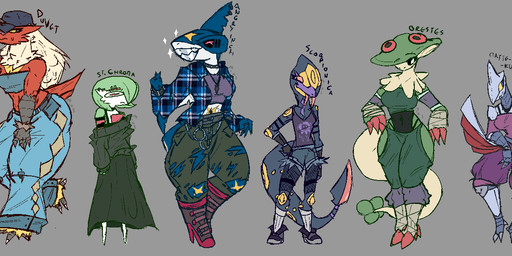 anthro athletic athletic_anthro athletic_female black_sclera blue_eyes blue_pupils bodily_fluids bottomwear clothed clothing eyelashes feet female footwear grey_background group happy long_eyelashes nervous nervous_look nervous_sweat pants piercing pupils red_eyes scuted_arms scuted_hands scutes shoes simple_background skinny skinny_anthro skinny_female smile sweat sweatdrop talons teeth thick_thighs thong_straps toes toothy_grin white_pupils wide_hips yellow_sclera mik3hawk nintendo pokemon aquatic avian blaziken breloom fish gardevoir generation_2_pokemon generation_3_pokemon pokemon_(species) reptile scalie seviper shark sharpedo skarmory snake colored
