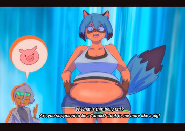 anthro anthro_focus belly belly_grab belly_overhang belly_peeking_out belly_rolls big_breasts blue_background blue_hair bodily_fluids bottomwear breasts cleavage clothed clothing dark_body dark_skin dialogue dipstick_tail dolphin_shorts duo ear_piercing erect_tail eyewear eyewear_on_head facial_markings female frown glasses glasses_on_head gloves_(marking) grey_hair hair head_markings holding_belly looking_at_belly looking_at_self markings mask_(marking) mocking muffin_top navel nervous nervous_sweat one_fang open_frown open_mouth open_smile orange_body overweight overweight_anthro overweight_female piercing shirt shocked short_hair shorts simple_background slightly_chubby slightly_chubby_anthro slightly_chubby_female smile standing style_emulation sweat sweatdrop tail tail_markings talking_to_another tank_top teasing text thick_thighs topwear undershirt weight_conscious weight_gain weight_teasing wide_eyed wide_hips bellywg brand_new_animal studio_trigger marie_itami michiru_kagemori canid canine human mammal raccoon_dog tanuki 2020 compression_artifacts digital_media_(artwork) english_text hi_res letterbox pictographics