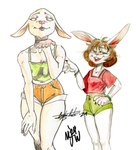 5_fingers anthro big_ears biped blowing_kiss bottomwear bracelet buckteeth choker clothing collarbone colored_nails countershade_hands countershading crop_top duo female fingers green_bottomwear green_clothing green_crop_top green_eyes green_shirt green_shorts green_topwear hair hand_on_hip jewelry looking_at_viewer nails necklace open_mouth orange_bottomwear orange_clothing orange_shorts pink_eyes pink_nails red_clothing red_crop_top red_hair red_shirt red_topwear shirt shorts simple_background smile teeth thick_thighs tongue topwear whiskers white_background mjw_darkmode strife4greatnes kiva_(mjw_darkmode) bovid canid canine caprine hybrid lagomorph leporid mammal rabbit sheep 2024 signature traditional_media_(artwork)
