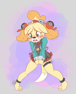 accessory alternate_costume ankle_band anthro barefoot bell blonde_hair blush blush_lines buckteeth clothed clothing clothing_swap cosplay covering covering_crotch crossover_cosplay dipstick_tail dress embarrassed feet female frown green_clothing green_eyes green_shirt green_topwear hair hair_accessory hair_bun jingle_bell legband markings open_frown open_mouth overall_dress shirt solo spread_legs spreading tail tail_between_legs tail_markings teeth thighband topwear undersized_clothing wide_eyed yellow_body leadhooves animal_crossing mihoyo nintendo zenless_zone_zero isabelle_(animal_crossing) zhao_(zenless_zone_zero) canid canine canis domestic_dog mammal 2026 crossover full-length_portrait hi_res portrait
