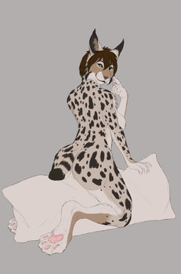 anthro big_butt big_feet breasts brown_eyes brown_hair butt cheek_tuft duo ear_tuft facial_tuft feet female fur gradient_background grinding hair inner_ear_fluff kneeling looking_at_viewer looking_back looking_back_at_viewer male male/female markings masturbation mature_female multicolored_body natural_breasts nude one_hand_raised pawpads pillow pillow_humping pink_pawpads rear_view sagging_breasts short_hair short_tail simple_background slightly_chubby slightly_chubby_female solo spots spotted_body spotted_fur tail tan_body thick_thighs tuft two_tone_body wide_hips yellow_eyes skullsbesan zaire_(nightdancer) felid feline lynx mammal full-length_portrait hi_res portrait
