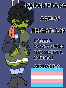 anthro black_hair bottomwear breasts clothing female green_body hair jacket lgbt_pride piercing pride_colors shorts small_waist solo text thick_thighs tongue tongue_out tongue_piercing topwear transgender_pride_colors wide_hips wannapossums darah_fragg amphibian frog 3:4 english_text model_sheet