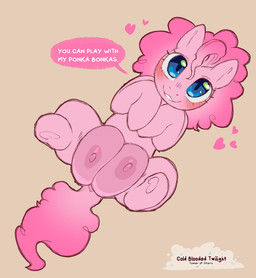 big_teats blue_eyes blush dialogue eyelashes female feral grey_background hair heart_symbol hooves huge_teats long_hair looking_at_viewer lying nipples on_back pink_body pink_hair pink_tail quadruped simple_background solo tail teats text cold-blooded-twilight friendship_is_magic hasbro my_little_pony pinkie_pie_(mlp) earth_pony equid equine horse mammal pony 2024 english_text hi_res