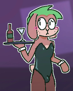 anthro black_clothing blush brown_body bulge bunny_costume clothing container costume cup drinking_glass eyewear floppy_ears glass glass_container glass_cup glasses green_hair hair holding_object holding_plate lop_ears male nervous plate solo wine_bottle wine_glass pampoxen nolan_(pampoxen) lagomorph leporid mammal rabbit hi_res