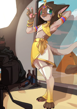 anthro blue_tongue bottomwear camera clothed clothing egyptian egyptian_clothing egyptian_headdress femboy fur gold_(metal) gold_jewelry hair jewelry looking_at_viewer male piercing solo tail tongue topwear trash chalk_outline garrett_(chalk_outline) domestic_cat felid feline felis mammal siamese absurd_res hi_res