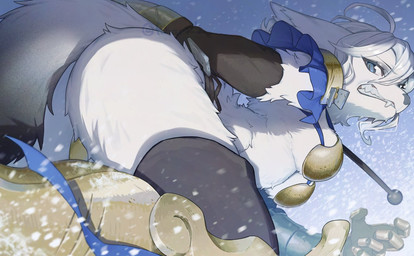 anthro armor bikini bikini_armor blue_eyes breasts butt clothing fangs female fur gauntlets gloves gold_bikini hair handwear holding_melee_weapon holding_object holding_polearm holding_spear holding_weapon melee_weapon polearm running short_hair snow solo spear swimwear tail teeth two-piece_swimsuit unconvincing_armor weapon white_body white_fur white_hair f_nari_5 unicorn_overlord vanillaware dinah_(unicorn_overlord)