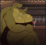 anthro bar big_breasts black_clothing black_dress border bottle bracelet breasts bulging_breasts cleavage clothed clothed_anthro clothed_female clothing container countershading crossed_legs cup curvy_anthro curvy_female curvy_figure date detailed_background dress drinking_glass eyes_closed female female_anthro fingers front_view glass glass_container glass_cup green_body green_skin green_tail hand_on_knee hand_on_leg huge_breasts huge_hips huge_thighs inside jewelry lips markings necklace non-mammal_breasts open_mouth red_border sharp_teeth sitting solo string_lights tail teeth thick_thighs wide_hips wine_glass conditional_dnp welwraith alligator alligatorid crocodilian reptile scalie 2025 artist_name digital_drawing_(artwork) digital_media_(artwork) hi_res portrait three-quarter_portrait