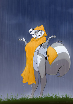 anthro big_breasts biped breasts clothed clothing coat female fur genitals ineffective_clothing multicolored_body multicolored_fur outside pose raincoat raining solo standing three-quarter_view topwear two_tone_body two_tone_fur vulva conditional_dnp jollyjack chloe_sinclaire mammal mephitid skunk 2023 digital_drawing_(artwork) digital_media_(artwork) full-length_portrait portrait shaded simple_shading