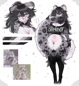 anthro bangs belly_blush big_breasts big_tail black_bracelet black_choker black_claws black_clothing black_crop_top black_eyebrows black_hair black_jewelry black_legwear black_markings black_necklace black_shirt black_spots black_stockings black_topwear blush bodily_fluids body_blush bottomless bracelet breasts casual_exposure chest_tuft choker claws cleavage clothed clothing color_swatch crop_top crying_laughing cute_fangs ear_piercing eyebrows eyelashes eyes_closed fangs female fluffy fluffy_tail freckled_face freckles fur genitals grey_body grey_eyelids grey_eyes grey_fur hair heart_symbol holding_own_tail holding_tail huge_breasts inner_ear_fluff jewelry laugh legwear long_eyelashes long_hair markings navel necklace open_mouth open_smile piercing pink_nose round_ears shirt simple_background skull_(marking) smile solo spiked_bracelet spikes spots spotted_body spotted_fur spotted_markings standing stockings tail tail_in_mouth tail_in_own_mouth tears teeth thick_thighs thigh_highs thong topwear tuft underwear vulva vulva_blush whiskers white_background white_body white_fur white_whiskers wide_hips fredek666 slipknot felid mammal pantherine snow_leopard 2026 absurd_res colored digital_drawing_(artwork) digital_media_(artwork) hi_res reference_image shaded