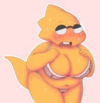 blush bodily_fluids bra breasts clothing female panties slightly_chubby slightly_chubby_female solo sweat underwear alpi undertale undertale_(series) alphys dinosaur lizard prehistoric_species reptile scalie hi_res