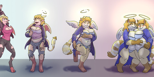 anthro anthro_on_anthro barefoot blonde_hair bottomwear bra breasts breath camel_toe clothing duo embarrassed feathered_wings feathers feet female female/female hair halo hand_on_breast hooves horn jacket looking_aside membrane_(anatomy) membranous_wings overweight pants shirt smile spade_tail species_transformation standing tail topwear torn_bottomwear torn_clothing torn_pants transformation twinning underwear weight_gain wings prurientpie mythology fel_(unsavoryrepute) salvie_(occamssword) dragon felid hybrid mammal mythological_creature mythological_scalie procyonid raccoon scalie 2024 digital_media_(artwork) hi_res sequence