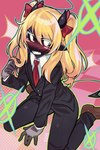 2:3 abstract_background absurd_res accessory badboyhalo black_body black_skin blonde_hair bow_ribbon clothed clothing demon demon_humanoid footwear girly hair hair_accessory hair_bow hair_ribbon halo hi_res horn horned_humanoid humanoid humanoid_hands kichiarbok long_hair male necktie not_furry pigtails qsmp ribbons shoes sitting solo sparkles suit touching_hair twin_bows twin_hair_bows twirling_hair