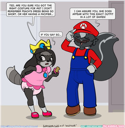 anthro clothed clothing costume dialogue diaper dress duo female male male/female wearing_diaper the_padded_room esmeralda_kingsley theodore_reed mammal mephitid procyonid raccoon skunk hi_res