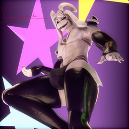 abs anthro athletic athletic_anthro athletic_male black_lipstick bulge claws clothed clothing colored_nails fangs floating grin horn jockstrap latex latex_clothing legwear lipstick low-angle_view luscious_lips makeup male nails pecs skimpy smile smug smug_face solo star stockings tattoo teeth underwear vermilionrenderworks okamical_(modeler) undertale undertale_(series) asriel_dreemurr_(god_form) boss_monster_(undertale) bovid caprine goat mammal monster 1:1 3d_(artwork) absurd_res blender_(artwork) blender_cycles_(artwork) blender_eevee_(artwork) digital_media_(artwork) hi_res
