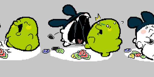 :< ambiguous_anthro ambiguous_gender ambiguous_pred ambiguous_prey annoyed annoyed_pred anthro belly belly_on_ground big_belly big_mouth_(anatomy) black_eyes blush bodily_fluids body_outline card cheek_spots closed_frown duo ears_up empty_eyes face_imprint featureless_arms featureless_feet feet foot_imprint four_frame_sequence frown fully_inside gaping_mouth green_belly green_body green_face green_feet grey_background hand_imprint hand_on_belly hand_on_own_belly holding_cards huge_belly imminent_oral_vore imminent_vore imprint long_ears looking_aside looking_at_another looking_into_mouth monotone_background monotone_belly monotone_feet motion_lines mouth_closed nervous nervous_sweat noseless one_ear_up open_frown open_mouth open_smile oral_vore path_lines playing_card rumbling_stomach saliva saliva_string same_size_vore scut_tail semi-anthro sharp_teeth shocked short_arms short_legs short_tail simple_background sitting sitting_on_ground small_feet smile smug soft_vore sore_loser standing surprise_vore sweat sweatdrop tail teeth throwing_card unwilling_prey vore white_belly white_body white_eyes white_face white_feet white_tail meatcanister tamagotchi uno kuchipatchi lagomorph leporid mammal mimitchi tamagotchi_(species) 2026 digital_media_(artwork) english_description full-length_portrait hi_res long_image pixel_(artwork) portrait sequence wide_image female_(lore) male_(lore)