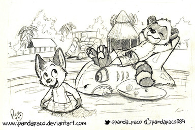 anthro bottomwear cheek_tuft closed_smile clothed clothing duo eyes_closed facial_tuft gloves_(marking) hair head_tuft logo male male_anthro markings mouth_closed open_mouth open_smile outside palm_tree plant pool_toy reclining short_hair shorts smile swimming text topless tree tuft young young_anthro young_male pandapaco art_(pandapaco) biro_(pandapaco) canid canine fox mammal procyonid raccoon artist_logo monochrome signature sketch traditional_media_(artwork) url