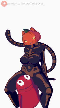 ambiguous_gender anthro bodysuit bouncing_breasts breasts clothing crush duo female food for_a_head fruit machine plant pumpkin pumpkin_head skinsuit squeezing squish tail thick_thighs thigh_squish tight_clothing caramelhooves epic_games fortnite semibot_(r.e.p.o.) spice_(fortnite) felid feline mammal object_head robot 2d_animation 9:16 animated hi_res
