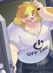 anthro belly big_belly blush bottomwear cellphone clothing electronics humanoid_hands kemono male overweight overweight_male pants phone shirt smartphone solo topwear amidasuke lifewonders live_a_hero hisaki_(live_a_hero) canid canine canis domestic_dog mammal 2024 hi_res