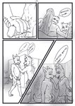 aariel_(wolfyalex96) anthro axel_(wolfyalex96) bathroom bulge canid canine clothing comic dialogue digital_media_(artwork) duo erection eye_contact genitals graffiti hand_on_penis hi_res humanoid_genitalia jewelry looking_at_another low-angle_view male male/male mammal medibang_paint_(artwork) navel necklace nipples onomatopoeia open_mouth penis public public_restroom restroom_stall shirtless shirtless_male smile sound_effects spanish_text swimming_trunks swimwear teeth text toilet touching_penis translated wolfyalex96