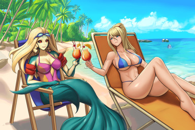beach beverage black_sclera blonde_hair blue_eyes chair container cup drinking_glass duo eyewear female female/female fish_tail furniture glass glass_container glass_cup goggles hair long_hair lounge_chair mermaid_tail ponytail red_eyes sand split_form water hybridmink league_of_legends metroid nintendo riot_games tencent nami_(lol) samus_aran aquatic human humanoid mammal merfolk 3:2 absurd_res hi_res