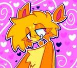 abstract_background anthro blush cheek_tuft facial_tuft floating_ears floating_head fluffy fluffy_chest hair heart_symbol lidded_eyes long_hair looking_aside male nude solo star toothy_grin tuft furrysauce amber_(furrysauce) canid canine mammal 2024