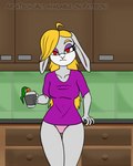 anthro blonde_hair breasts carrot clothed clothing container cup detailed_background female food front_view grey_body hair inside long_ears pantsless plant red_eyes small_waist solo stretching thigh_gap tight_clothing topwear underwear vegetable wide_hips arcatech mario_bros nintendo super_mario_odyssey broodal hariet_(mario) lagomorph leporid mammal rabbit 2022 4:5 animated frame_by_frame short_playtime watermark