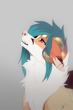 bangs black_hair black_markings bodily_fluids brown_eyes cheek_tuft crying ear_piercing eyebrows eyelashes facial_tuft female feral feral_with_hair fur golden_fangs grey_background hair horn long_bangs long_eyelashes long_hair long_snout looking_up markings multicolored_body multicolored_fur multicolored_horn orange_markings piercing pink_nose side_view simple_background snout solo tears teeth tuft white_body white_eyebrows white_fur yellow_markings azzai canid canine fox mammal 2019 colored digital_drawing_(artwork) digital_media_(artwork) flat_colors