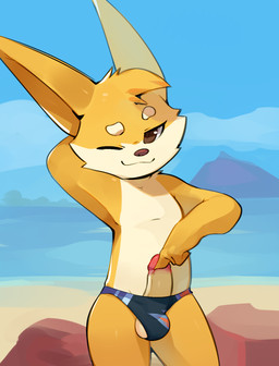 anthro ball_slip balls beach biped brown_eyes brown_nose bulge cheek_tuft closed_smile clothed clothed_anthro clothed_male clothing day erection eyebrows facial_tuft fingers fur genitals gesture glans glistening glistening_eyes half-closed_eyes hand_behind_head hand_gesture humanoid_genitalia humanoid_penis male male_anthro mountain mouth_closed multicolored_body multicolored_fur narrowed_eyes one_eye_closed outside penis penis_poking_out pink_glans pointing pointing_at_penis pointy_ears sand seaside smile solo speedo speedo_only swimwear tan_balls tan_body tan_eyebrows tan_fur tan_penis topless topless_anthro topless_male tuft wink yellow_body yellow_fur young young_anthro young_male smite_(artist) league_of_legends riot_games tencent smite_(character) mammal yordle 2024 digital_media_(artwork) hi_res adult_(lore)