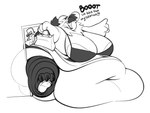 anthro areola bag beak belly big_areola big_belly big_breasts big_butt breasts butt clothed clothing dialogue duo feathers feet female hair huge_areola huge_belly huge_breasts morbidly_obese navel obese obese_anthro obese_female overweight overweight_anthro overweight_female simple_background smile solo tail text thick_thighs topwear wide_hips boot_(artist) carrie_(qweave) avian bird digital_media_(artwork) english_text monochrome