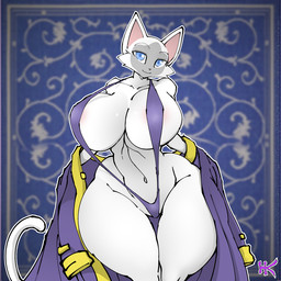 anthro areola big_breasts breasts clothing female fur huge_breasts looking_at_viewer one-piece_swimsuit pattern_background robe simple_background sling_bikini solo swimwear white_body white_fur wide_hips hayakain kitty_(hayakain) domestic_cat felid feline felis mammal 1:1