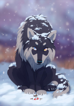 ambiguous_gender berry black_body black_fur black_nose blue_eyes blurred_background cheek_tuft claws eyelashes facial_tuft feral food fruit fur grey_body grey_fur heterochromia long_snout looking_at_viewer on_ground outside plant snout snow snow_on_fur snowing solo tail tuft white_claws yellow_eyes azzai azzai_wanderia_(azzai) canid canine canis mammal wolf 2018 colored digital_drawing_(artwork) digital_media_(artwork) shaded