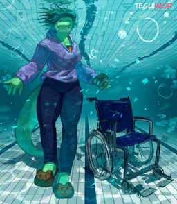 5_fingers animal_slippers anthro breasts clothing detailed_background disability eyes_closed female fingers footwear green_body green_scales hair hoodie long_tail non-mammal_breasts paraplegic scales shoes short_hair slippers solo swimming_pool tail text topwear underwater vehicle water wheelchair teguimore cavemanon_studios i_wani_hug_that_gator olivia_halford baryonyx dinosaur prehistoric_species reptile scalie spinosaurid theropod 2024 artist_name digital_drawing_(artwork) digital_media_(artwork) hi_res watermark