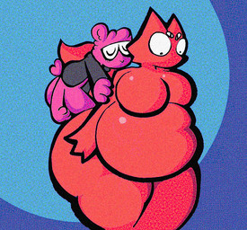 big_breasts big_butt big_penis breasts butt dry_humping duo genitals huge_breasts huge_butt huge_penis hyper hyper_genitalia hyper_penis male overweight penis pink_body red_body sex thigh_sex mammal scalie animated