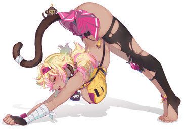 accessory ambiguous_gender ass_up bottomwear breasts clothed clothing duo ear_piercing ear_ring female female/ambiguous footwear half-closed_eyes hanging_breasts headband legwear looking_aside looking_at_viewer narrowed_eyes piercing raised_bottomwear raised_clothing raised_skirt ring_piercing skirt socks stretching thigh_highs torn_clothing torn_footwear torn_socks twintails_(hairstyle) srinitybeast kokonuts vtuber koko_d._nuts animal_humanoid haplorhine humanoid mammal mammal_humanoid monkey monkey_humanoid primate primate_humanoid hi_res