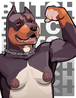 anthro barbell_piercing black_body black_fur border brown_body brown_fur chain_necklace eyebrow_piercing facial_piercing female flexing flexing_bicep fur grey_background jewelry lip_piercing multicolored_body multicolored_fur necklace nipple_barbell nipple_piercing nipples piercing simple_background snakebite_piercing solo text text_background tricolor_fur white_body white_border white_fur oystr kc_(oystr) american_bully canid canine canis domestic_dog mammal english_text hi_res
