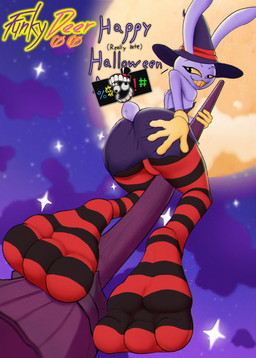 3_toes 4_fingers anthro broom broom_riding butt caine_censorship censor_bar censored_text cleaning_tool clothed clothed_anthro clothed_male clothing cloud costume crossdressing crossdressing_male feet fingers flying foot_focus fur grawlixes hat headgear headwear holidays legwear long_ears looking_at_viewer looking_back male moon night pattern_clothing pattern_legwear pattern_stockings presenting presenting_hindquarters purple_body purple_fur sky skyscape solo star stockings teeth text toes witch_costume witch_hat yellow_sclera yellow_teeth funkydeer00 glitch_productions halloween the_amazing_digital_circus jax_(tadc) lagomorph leporid mammal rabbit absurd_res english_text hi_res