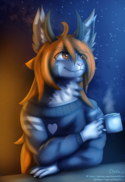 2_horns anthro big_ears brown_eyes claws clothing container cup cute_fangs fangs fluffy fur grey_body grey_fur hair handpaw happy horn leaning leaning_forward light looking_up male moonlight mug night paws peaceful peaceful_scenery plant red_hair sky smile solo star starry_sky steam sweater teeth topwear tree white_body white_fur stellaamoris art_fight artfight2026 yura_(luckyfelixflex) demon felid feline hybrid lynx mammal absurd_res digital_media_(artwork) digital_painting_(artwork) half-length_portrait hi_res painting_(artwork) portrait