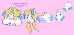 ambiguous_gender anthro chibifur group text trio dokudrinker cinnamoroll nintendo pokemon sanrio cinnamon_(cinnamoroll) pururun_kyupi canid canine canis domestic_dog generation_3_pokemon humanoid jirachi legendary_pokemon mammal pokemon_(species) 2022 english_text tagme