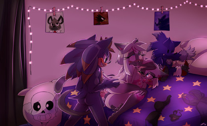 ahegao anthro bed bisexual bra breasts butt clothing collaborative collaborative_pussyjob collaborative_sex discarded_clothing female female/female furniture genitals group group_sex lingerie looking_pleasured male male/female nipples nude one_eye_closed orgasm_face panties penis plushie pussyjob rear_view sex spread_legs spreading standing threesome tongue tongue_out tribadism_on_penis trio underwear vulva bluechika sega sonic_the_hedgehog_(series) undertale undertale_(series) emyko_the_cat meiko_the_cat sans_(undertale) domestic_cat eulipotyphlan felid feline felis hedgehog mammal absurd_res hi_res