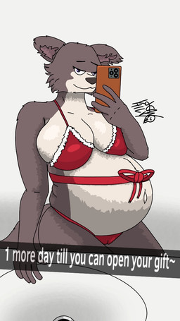 anthro big_breasts bikini bow_ribbon breasts brown_body brown_fur camel_toe cellphone christmas_clothing clothing electronics female fluffy fur holidays humanoid_hands multicolored_body multicolored_fur phone pregnant pregnant_anthro pregnant_female red_bikini red_clothing red_swimwear selfie smartphone solo swimwear text two-piece_swimsuit two_tone_body two_tone_fur loganhilux34 apple_inc. beastars christmas iphone snapchat juno_(beastars) canid canine canis mammal wolf 9:16 english_text hi_res