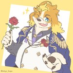 anthro blonde_hair blue_eyes cape clothing corsage floppy_ears flower hair male offering_hand one_eye_closed pawpads plant rose_(flower) solo wink ottyo_kope lifewonders live_a_hero hisaki_(live_a_hero) canid canine canis domestic_dog mammal 1:1 hi_res