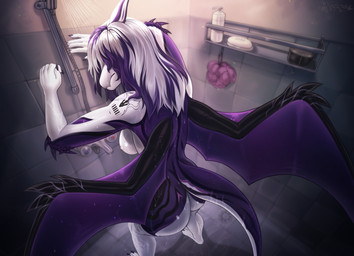 anthro arm_tattoo biped breasts female female_anthro hair leaning_on_wall multicolored_body multicolored_hair nipples nude purple_hair shoulder_tattoo shower soap solo standing tail tattoo wet wet_body wet_floor white_hair wings cocicka conditional_dnp goodbye_volcano_high ko_op_(game_developer) june_jett prehistoric_species pterosaur reptile scalie