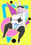 abstract_background anthro bag bell bell_collar big_breasts big_bulge black_bra black_clothing black_hat black_headgear black_headwear black_legwear black_stockings black_underwear blue_bottomwear blue_clothing blue_cutoffs blue_eyes blue_hair blue_highlights blue_shorts bottomwear bra bracelet breast_implants breasts bulge cleavage clothed clothed_anthro clothed_gynomorph clothed_intersex clothing collar curvy_anthro curvy_figure curvy_gynomorph curvy_intersex detailed_bulge fur genital_outline gynomorph hair hat headgear headwear highlights_(coloring) huge_breasts inner_ear_fluff intersex jewelry legwear long_hair looking_at_viewer multicolored_eyes multicolored_hair open_mouth penis_outline pink_bracelet pink_eyes pink_hair purple_collar purple_ears ring shorts sitting solo spread_legs spreading stockings teeth thick_thighs thigh_highs topwear tuft two_tone_eyes two_tone_hair underwear voluptuous voluptuous_anthro voluptuous_gynomorph voluptuous_intersex voluptuous_male white_body white_fur white_inner_ear wide_hips l-a-v pb_(theycallhimcake) lagomorph leporid mallkin mammal rabbit 2022 digital_media_(artwork) hi_res male_(lore)