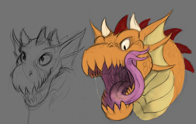 bodily_fluids detailed_mouth ear_frill feral forked_tongue frill_(anatomy) fur gaping_mouth grey_background head_spikes horn mouth_shot neck_spikes open_mouth orange_body pink_tongue red_spikes saliva saliva_string simple_background solo spike_ridge spikes spikes_(anatomy) tongue tongue_out unsigned white_horn yellow_body yellow_frill yellow_fur acidic mythology dragon mythological_creature mythological_scalie scalie colored_sketch digital_media_(artwork) sketch