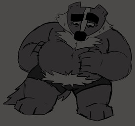 3_toes 4_fingers anthro belly big_belly biped bodily_fluids claws clothing feet fingers male mature_male overweight overweight_male simple_background solo sweat toes underwear bencomedion beastly_crimes beastly_crimes_(2024) chief_badger badger mammal mustelid musteline 2026