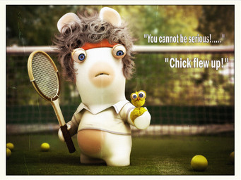 accessory ambiguous_feral ambiguous_gender anthro beak blue_eyes blurred_background border bottomless bottomless_anthro bottomless_male buckteeth clothed clothed_anthro clothed_male clothing duo feathers featureless_crotch featureless_legs feral fur grey_hair hair headband holding_another holding_tennis_racket larger_anthro larger_male light long_ears looking_at_another male mitten_hands multicolored_body noseless open_mouth orange_beak outside plant quote red_headband shirt short_hair short_legs size_difference smaller_ambiguous smaller_feral standing tan_body tan_eyelids tan_inner_ear tan_skin teeth tennis_court tennis_racket text topwear tree two_tone_body white_body white_border white_clothing white_fur white_shirt white_topwear yellow_body yellow_feathers guillaume_arvieu raving_rabbids rayman_(series) ubisoft avian bird lagomorph mammal rabbid 2011 3d_(artwork) colored digital_media_(artwork) english_description english_text hi_res lighting official_art shaded