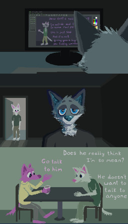 anthro black_clothing black_shirt black_t-shirt black_topwear blue_body blue_fur blush clothing computer dialogue electronics embarrassed fur furniture group male open_mouth pink_nose shirt sitting t-shirt table text topwear trio yellow_clothing yellow_shirt yellow_topwear demensa canid canine canis coyote domestic_dog hybrid mammal 2021 absurd_res comic digital_media_(artwork) english_text hi_res pixel_(artwork)