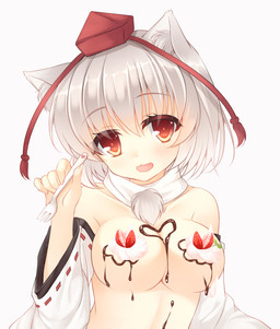 armwear blush breasts candy chocolate clothing cutlery dairy_products dessert detached_sleeves female food fork fruit grey_hair hair hat headgear headwear kitchen_utensils looking_at_viewer mostly_nude orange_eyes plant pom_clothing red_eyes short_hair simple_background smile solo strawberry tokin_hat tools whipped_cream white_background miko_92 touhou momiji_inubashiri animal_humanoid canid canid_humanoid canine canine_humanoid canis humanoid mammal mammal_humanoid wolf wolf_humanoid